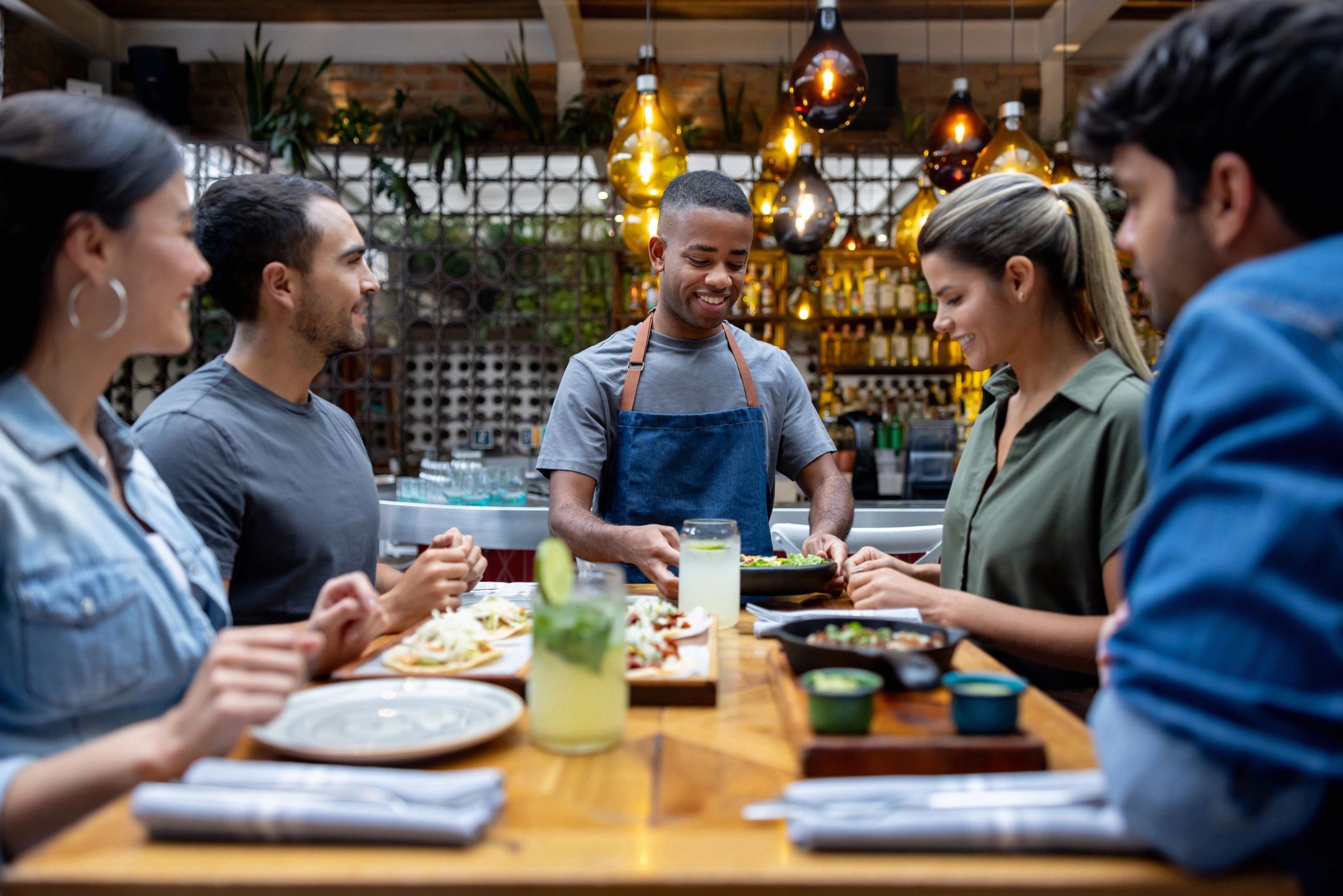 happy adults dining at taco restaurant
